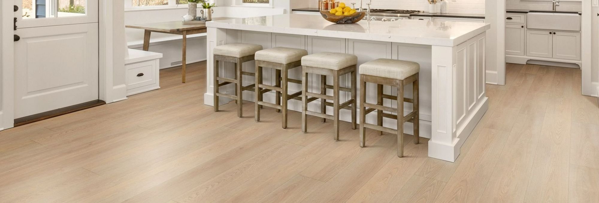 white island table for kitchen with light wood-look vinyl flooring from Carpet Depot Inc in the North Hollywood, CA area